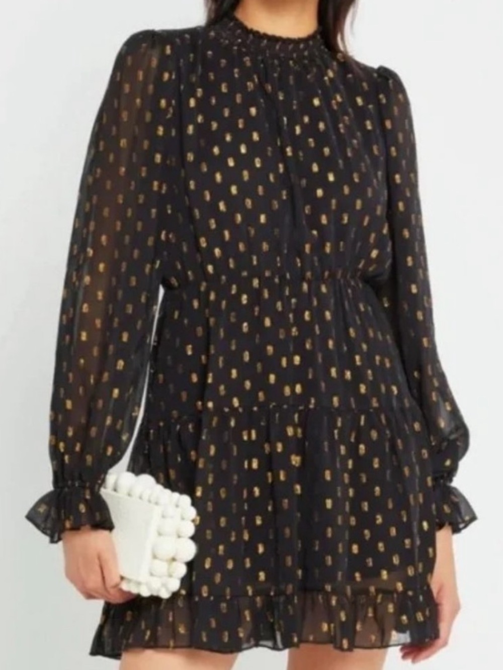 O.P.T Dress Black Gold Polka Dot Long Sleeve sheer Lg